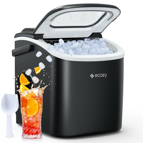 ecozy Ice Makers Countertop, Portable Ice Machine with Carry Handle, Ice in 6Mins, 26 lbs/Day, Auto-Cleaning Ice Maker with Basket and Scoop, for Home/Kitchen/Camping/RV ecozy