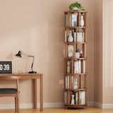 Muwuele Solid Wood Rotating Bookshelf on Wheels, 6 Tier, Round Revolving Bookcase, 360° Spinning Book Shelf Tower for Kids, Narrow Rolling Bookshelves for Small Space, Corner, Bedroom, Office, Walnut Muwuele