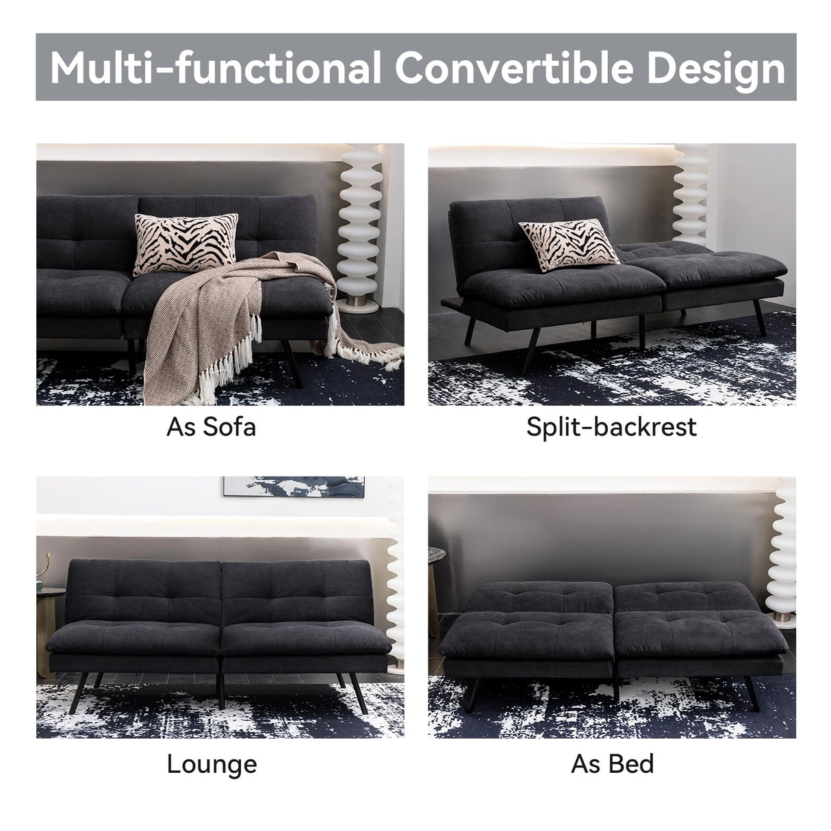 Hcore Polyester Memory Foam Convertible Futon Sofa Bed, Small Splitback Loveseat, 68" L x 32.3" W x 30.7" H, Black Hcore