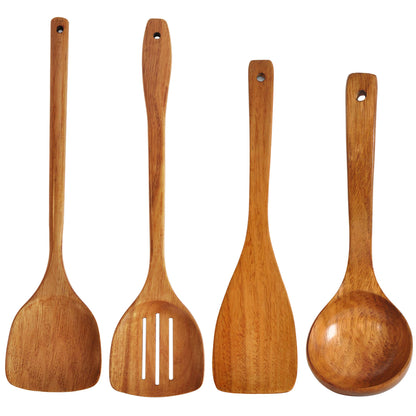 Wooden Spatula,Slotted Turner,Soup Ladle,Long Handle Utensils Set,Handmade for Kitchen Cookware (Wooden Utensil 4 Sets)