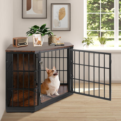 VOWNER 47 Inch Dog Crate Furniture Corner, Wooden Dog Kennel Furniture, End Table Dog Crate for Medium Dogs, Indoor Pet Crates Corner Side Table for Dogs, Wide Top Perfect for Limited Room, Brown