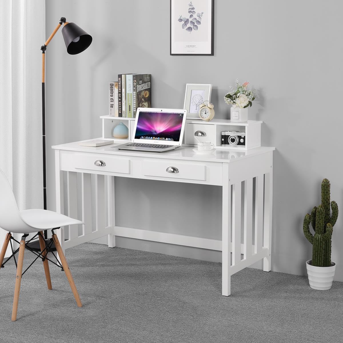 Yaheetech 47 in Large Writing Computer Desk with Drawers Home Office Desk, Wood Frame Secretary Desk for Home Office with Large Desktop, Modern Workstation with Removable Floating Organizer, White
