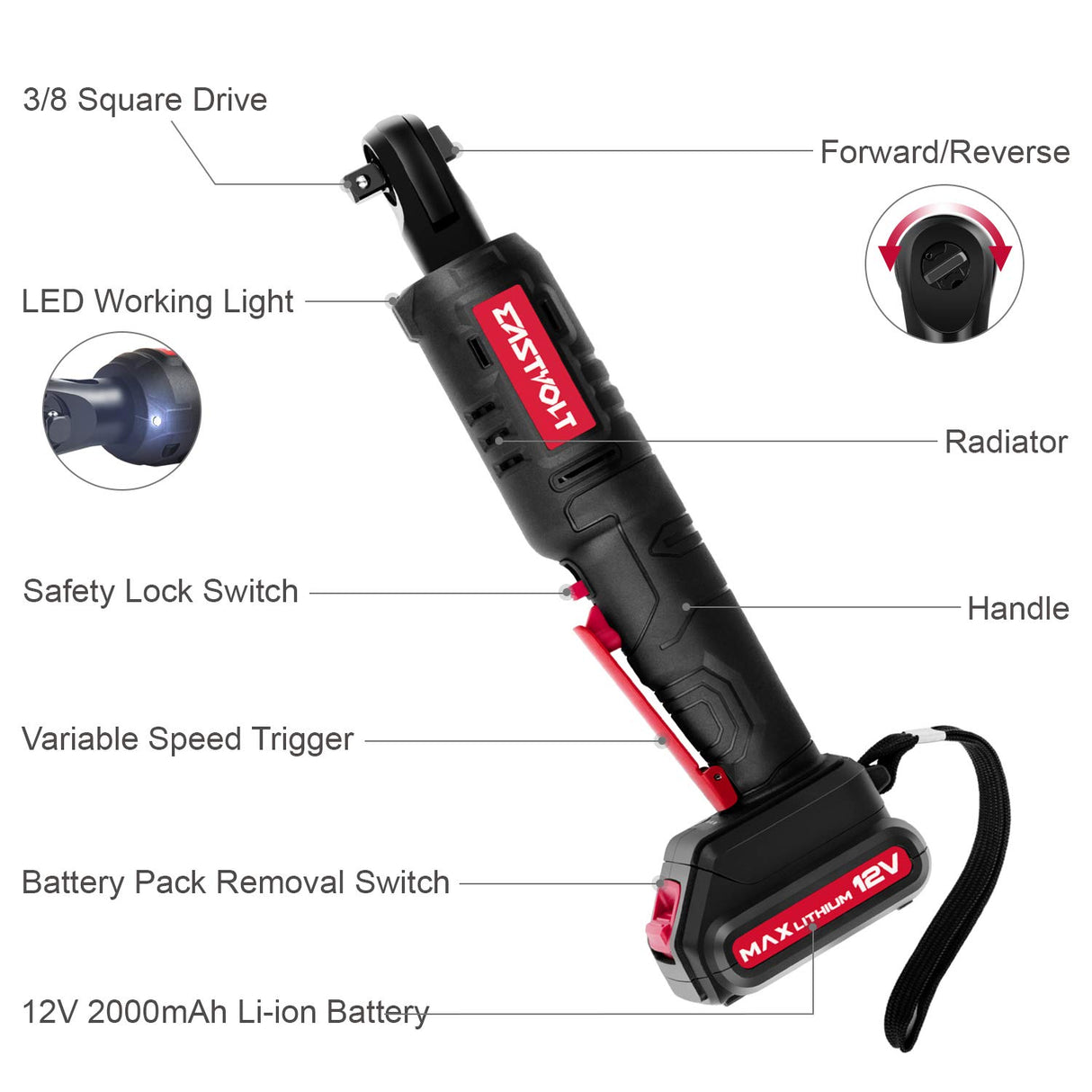 Eastvolt 12V Cordless Electric Ratchet Wrench Set, 3/8 Inch 35 Ft-lbs Power Wrench Tool Kit with Fast Charger, 2.0Ah Lithium-Ion Battery, 7-Pieces 3/8 Inch Metric Sockets and 1/4" Adaptor, Black + Red Eastvolt