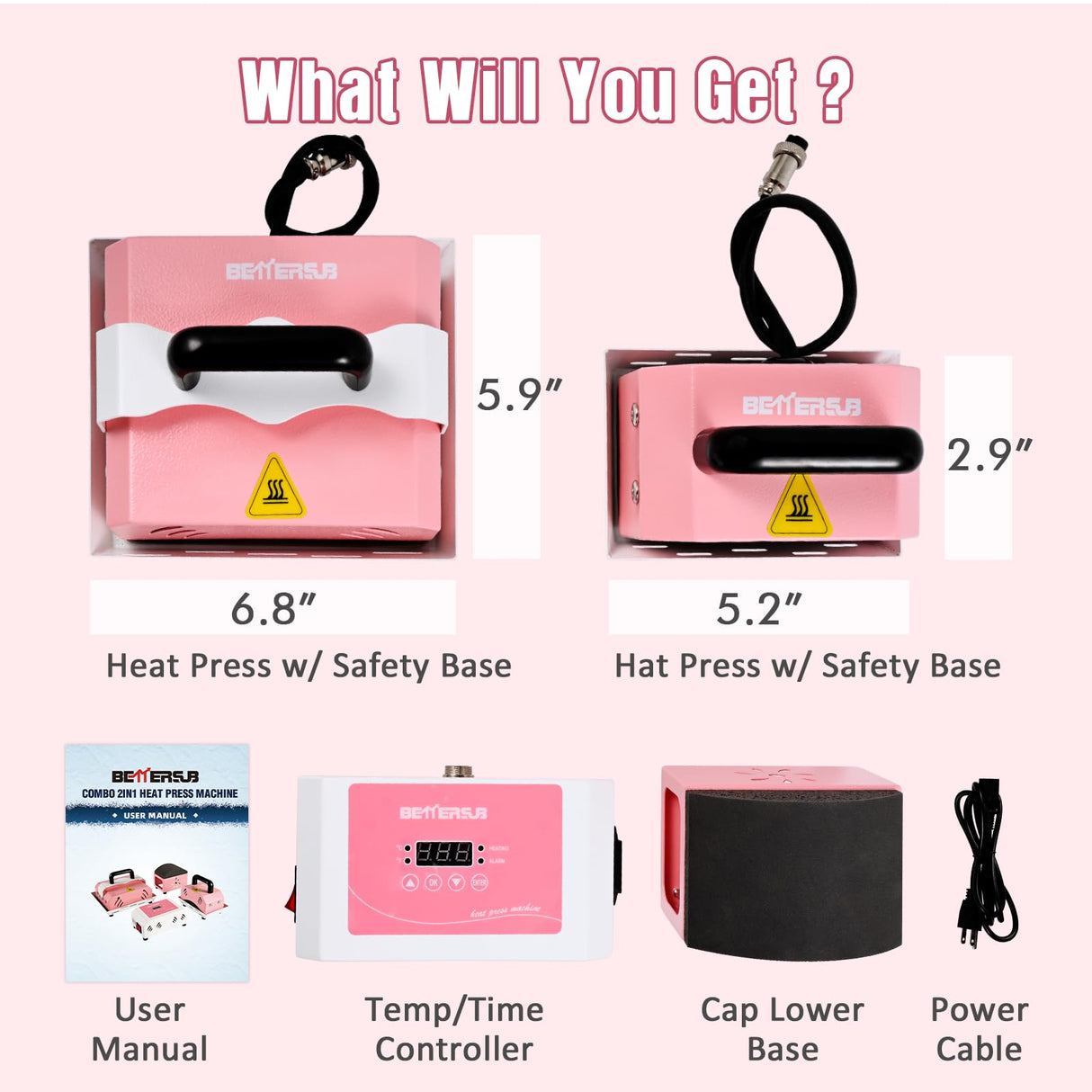 BetterSub 2in1 Combo Mini Portable Hat Press Heat Press Machine for Caps, T-Shirts, Bags, Handheld Easy Press for Vinyl, Sublimation, Heat Transfer Projects (Pink) BetterSub