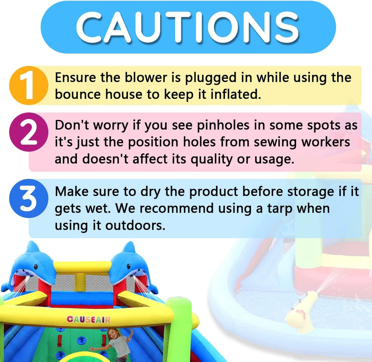 Causeair Inflatable Bounce House with Double Slide,Dolphin Styling,Splashing Pool,Double Water Cannon,Climbing Wall,Heavy Duty GFCI Blower,Inflatable Water Park Slide for Kids Backyard Summer causeair