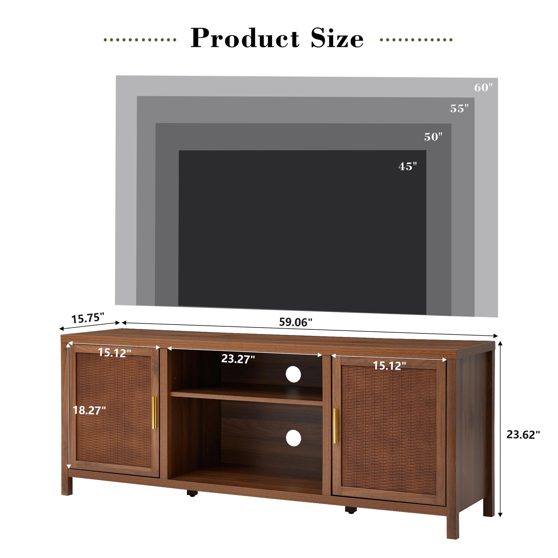 affeivul Mid Century Modern TV Stand with Storage Cabinet, 65 inch Low TV Console Table, Rattan TV Stand with Doors, Rustic Walnut TV Entertainment Stand with Shelves for Bedroom/Living Room - WoodArtSupply