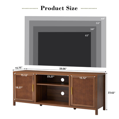 affeivul Mid Century Modern TV Stand with Storage Cabinet, 65 inch Low TV Console Table, Rattan TV Stand with Doors, Rustic Walnut TV Entertainment Stand with Shelves for Bedroom/Living Room - WoodArtSupply