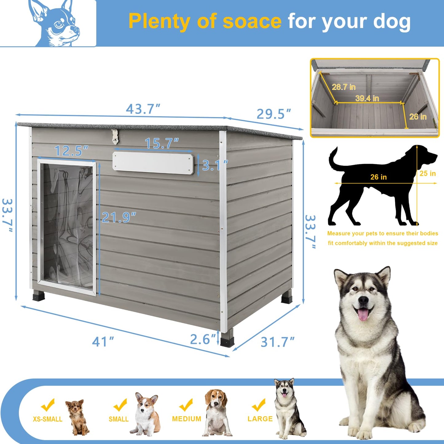 Ketive Dog House Outdoor & Indoor, Wooden Dog Kennel with Raised Feet for Small to Large Dogs, Dog Houses with Removable Floors, Weatherproof Asphalt Roof Kennel for Dogs Outside PET65 - WoodArtSupply