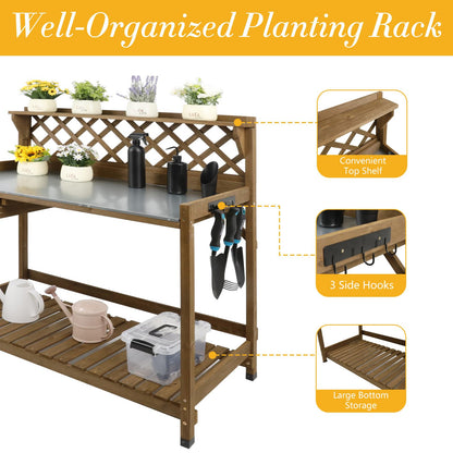 Ketive Garden Potting Bench with Metal Tabletop,Outdoor Potting Table Workstation Benches with Drawer/Storage Shelf，Fir Wood Potting Station Work Table with Open Shelf,Lattice Back(Grey)