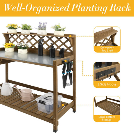 Ketive Garden Potting Bench with Metal Tabletop,Outdoor Potting Table Workstation Benches with Drawer/Storage Shelf，Fir Wood Potting Station Work Table with Open Shelf,Lattice Back(Grey) ketive