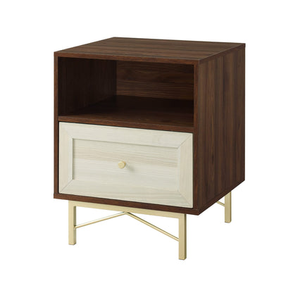 Walker Edison Morgan Contemporary Wood and Metal 1 Drawer Nightstand with Gold Accents, 25 Inch, Dark Walnut and White Poplar - WoodArtSupply