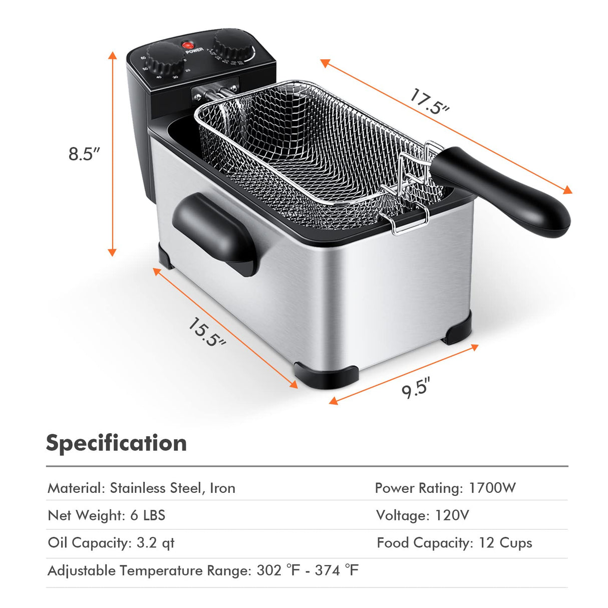 COSTWAY Deep Fryer with Basket, 3.2Qt Stainless Steel Electric Oil Fryer w/Adjustable Temperature, Timer, Lid with View Window, Professional Style, Deep Fryer Pot for Home Use, French Fries, Chicken COSTWAY