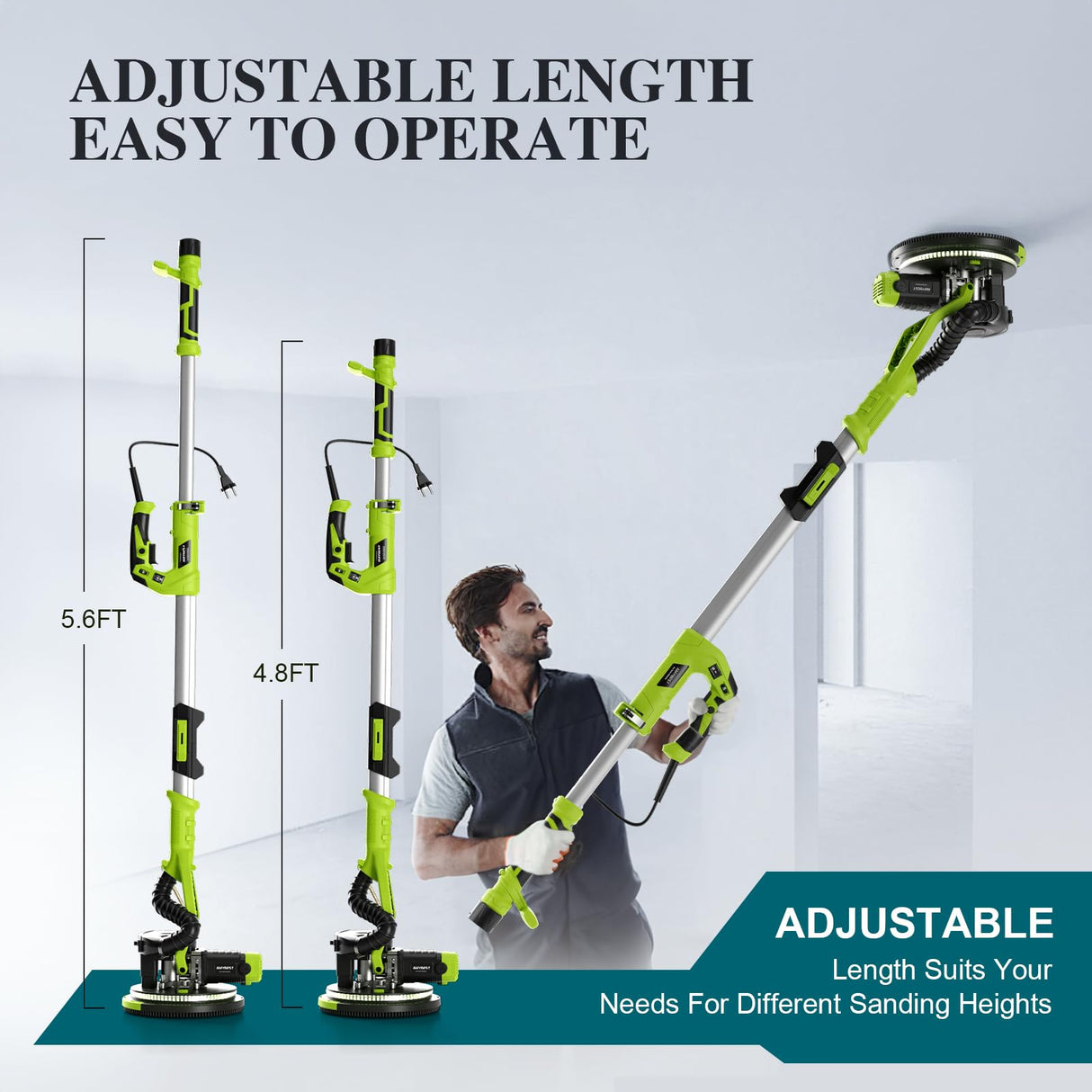 AMYBEST Drywall Sander, Powerful Electric Drywall Sander with Vacuum Dust Collection, 5 Speed 1000-2100 RPM, Popcorn Ceiling Remover, LED Light & 12 Sanding Discs, Extendable Handle (GREEN) AMYBEST