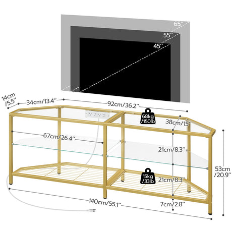 HOOBRO Corner TV Stand with Power Outlet for TVs up to 60", Modern 55" Corner TV Console Table with Open Shelves, Tempered Glass Media Entertainment Center for Living Room, Bedroom, Gold GD143UDS01 HOOBRO