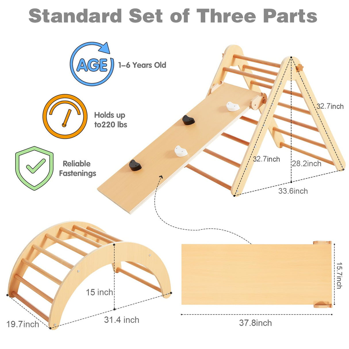 Beright 4 in 1 Pikler Triangle Gym, Montessori Foldable Climber with Ramp, Indoor Climbing Toys for Kids, Climbing Triangle for Toddlers Arch Climber, Rocker, Learning Waldorf Toy Structure, Natural Beright