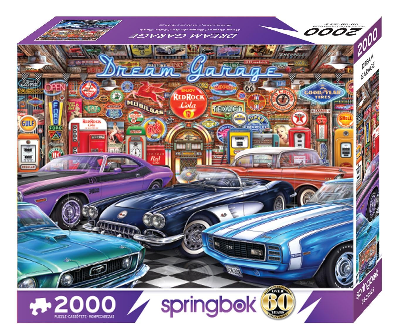 Springbok's Dream Garage 2000 Piece Puzzle for Adults is a Classic Car Lovers Dream Featuring Muscle Cars in a Classic Garage