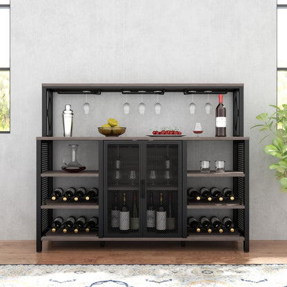 Gyfimoie Wine Bar Cabinet, 55 Inches Industry Coffee Bar Cabinet with Wine Rack and Glass Holder, Kitchen Sideboard Buffet Cabinet with Wine Rack Storage for Liquor and Glasses (Rustic Grey) - WoodArtSupply