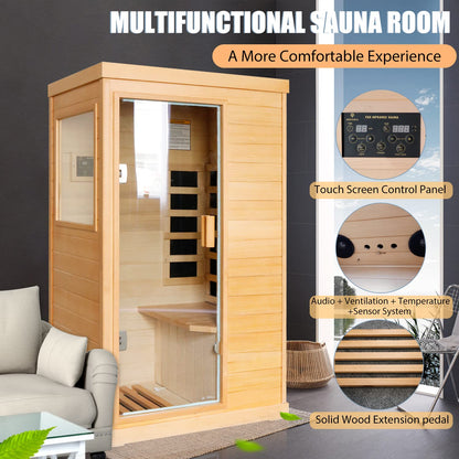 ROCKINGRUN 1 Person Far Infrared Sauna for Home, Mini Low-EMF Single Indoor 800W Dry Saunas, Wooden Canadian Hemlock Sauna with Control Panel & Tempered Glass Door, Bluetooth Speakers & Ambient Light