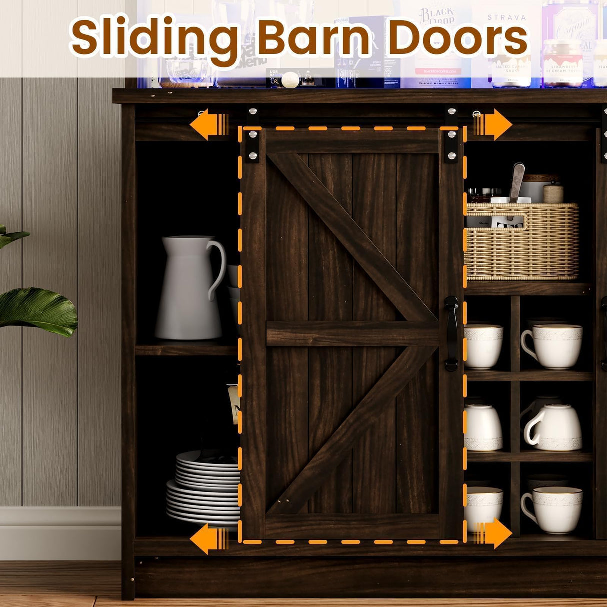 4ever2buy Farmhouse Wine Bar Cabinet with LED Light & Mirror, 47” Buffet Sideboard with 4 Glass Hooks & 9 Wine Racks, Coffee Bar Cabinet with Sliding Barn Door for Kitchen Dining Living Room, Brown 4ever2buy