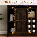 4ever2buy Farmhouse Wine Bar Cabinet with LED Light & Mirror, 47” Buffet Sideboard with 4 Glass Hooks & 9 Wine Racks, Coffee Bar Cabinet with Sliding Barn Door for Kitchen Dining Living Room, Brown 4ever2buy