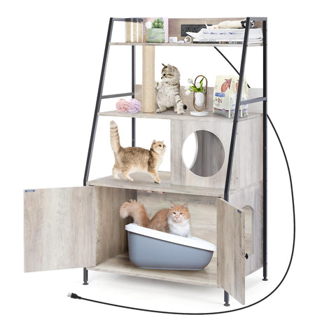 LING RUI Litter Box Enclosure with 2 Storage Shelves, Tall Cat Litter Box Furniture Hidden with Charging Station, Indoor Cat Furniture Fit Most of Litter Box (Oak Color) LING RUI
