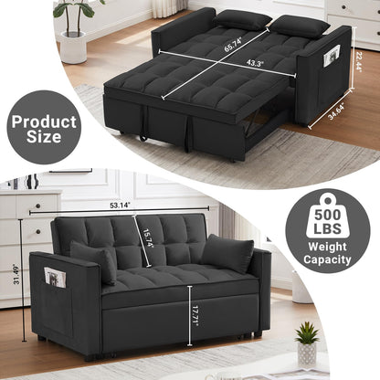 Skepphlay 3 in 1 Sleeper Sofa Bed, Pull Out Couch, Convertible Futon Loveseat with Adjustable Backrest, Living Room Chaise Lounge with 2 Pockets and 2 Pillows for Home Apartment Office, Black