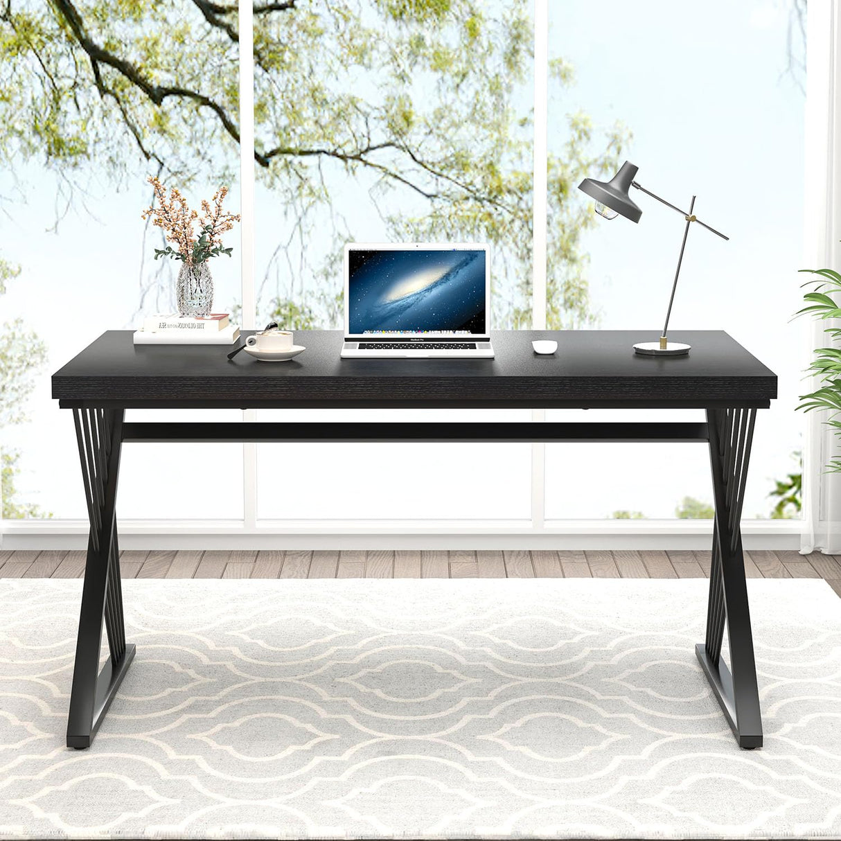 FOLUBAN Black Desk, Modern Wood and Metal Computer Desk for Home Office, Simple Writing Work PC Desks for Bedroom, Industrial Study Gaming Table for Living Room, Black, 53 Inch FOLUBAN