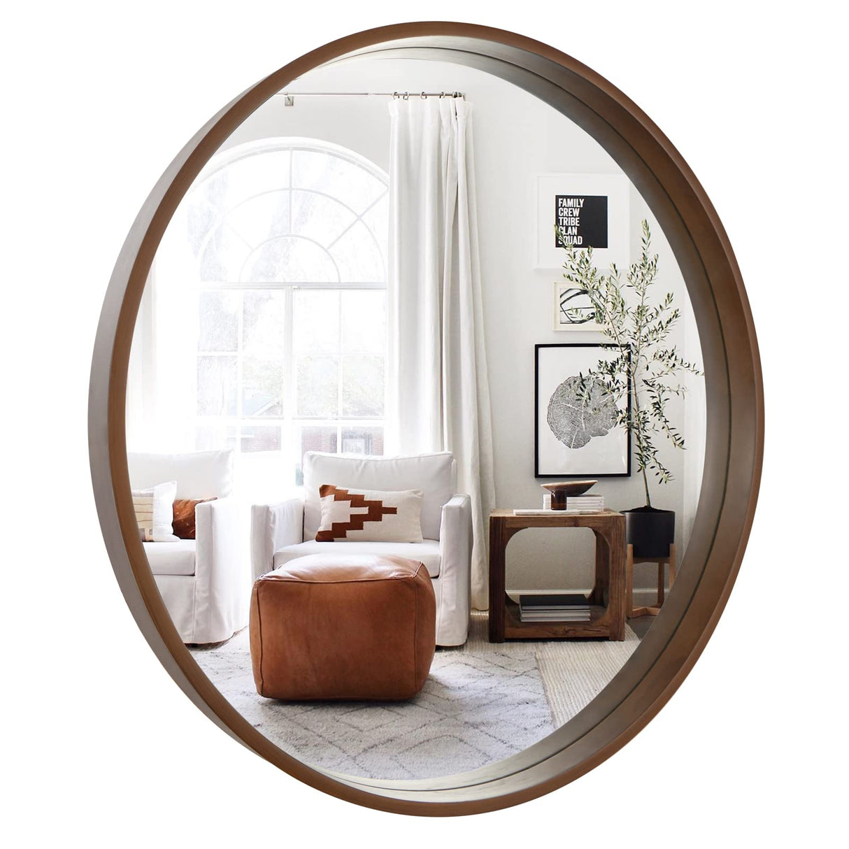 WallBeyond Circle Mirror with Wood Frame, 28" Round Modern Decoration Large Home Decor Mirror for Bathroom Living Room Bedroom Entryway (28" Diameter, Walnut) WallBeyond