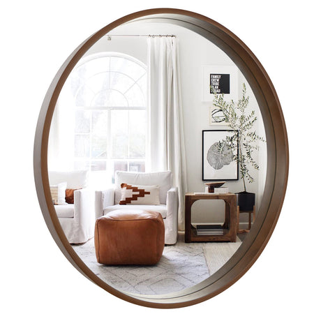 WallBeyond Circle Mirror with Wood Frame, 28" Round Modern Decoration Large Home Decor Mirror for Bathroom Living Room Bedroom Entryway (28" Diameter, Walnut) WallBeyond