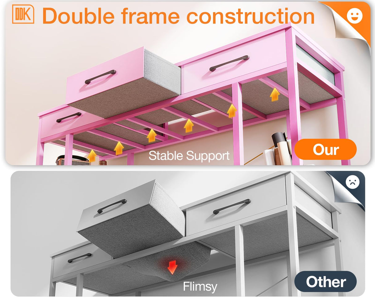 ODK Vanity Desk with Fabric Drawers & Storage Shelves, Makeup Dressing Table, Home Office Desks for Bedroom, Modern Simple Writing Desk,Pink, 48"x16" (No Mirror ODK