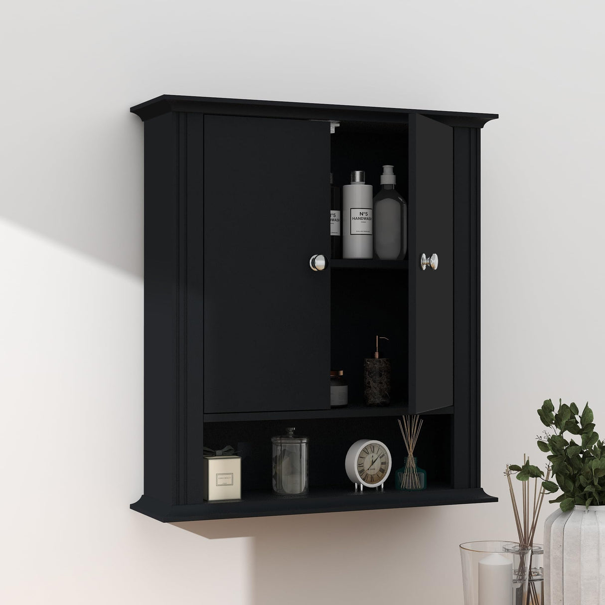 UYIHOME Wall Cabinet Over Toilet, Wall Mounted, Wooden Storage Cabinet with 2 Doors, Hanging Storage Cabinet Over Toilet, Upper Cabinet Storage Cupboard for Kitchen Laundry Room, Black UYIHOME