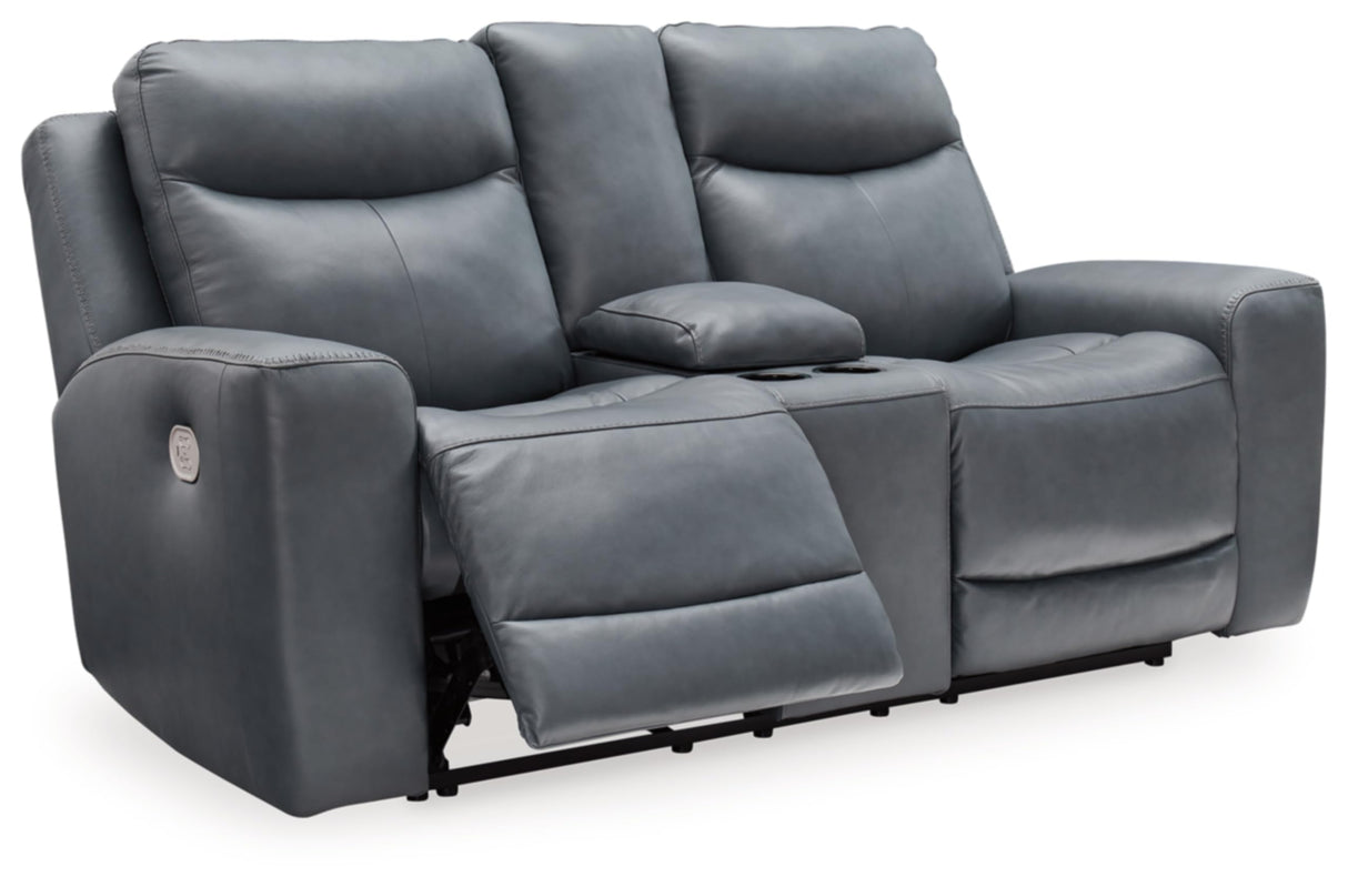 Signature Design by Ashley Mindanao Modern Leather Match Upholstered Power Reclining Loveseat with Console, USB Ports and Cup Holders, Gray Signature Design by Ashley