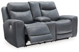 Signature Design by Ashley Mindanao Modern Leather Match Upholstered Power Reclining Loveseat with Console, USB Ports and Cup Holders, Gray Signature Design by Ashley