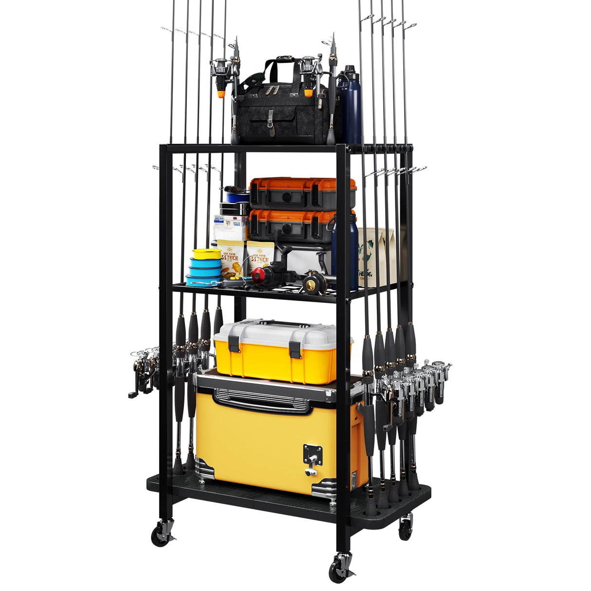 TC-HOMENY Fishing Rod Holder for Garage, Fishing Pole Rack Cart 10 Rod Fit All Fishing Rods, 3 Tier Fishing Tackle Storage Organizer Rack with Storage Bag, Fit For Living Room, Black TC-HOMENY