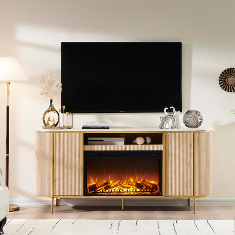 OKD Luxury 70" Fluted Fireplace TV Stand, Modern Chic Entertainment Center for TVs Up to 80 inches, TV Console with Faux Marble Top, Curved Profile Design, Media Console for Living Room, Natural Oak OKD