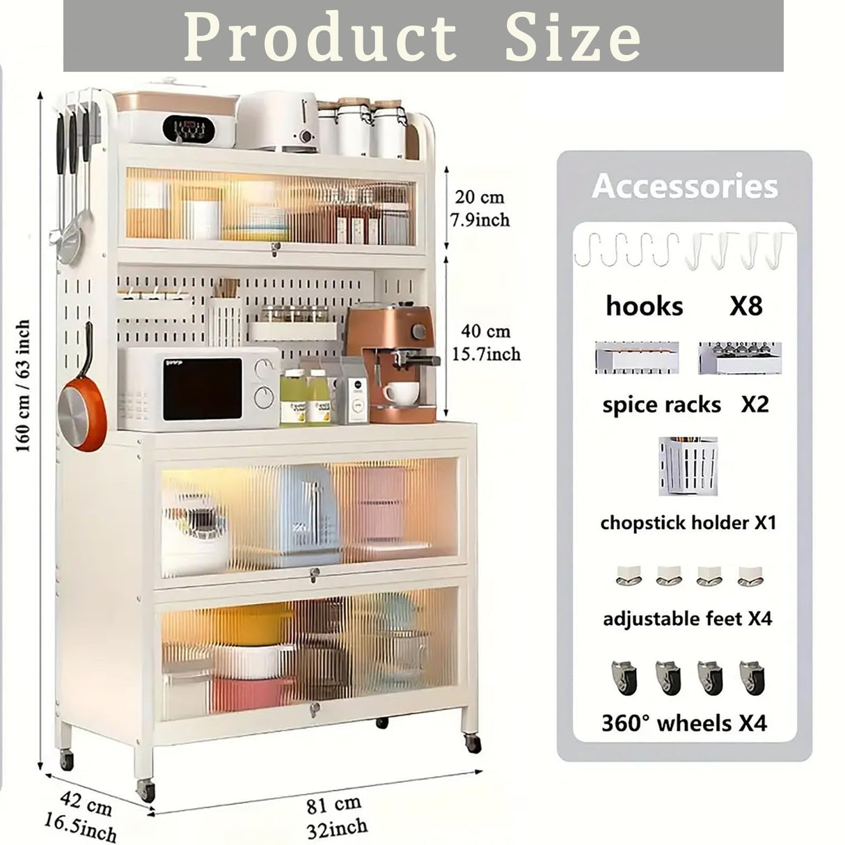 Voclym Bakers Rack with Wheels, 5-Tier Coffee Bar with Wheels, Microwave Stand with Storage, Kitchen Shelves for Kitchen Pantry, Storage Room, White Voclym