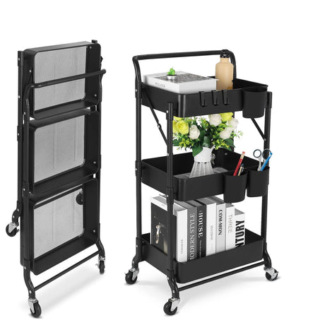 johgee Foldable 3 Tier Metal Utility Rolling Cart, Folding Mobile Multi-Function Storage Trolley Organizer Cart for Home Library Office(Black) johgee
