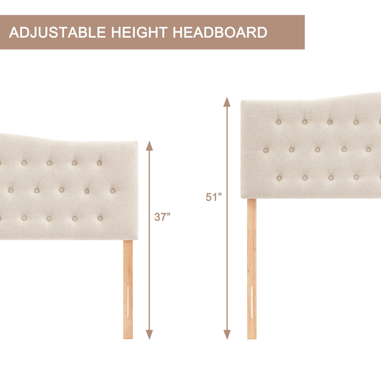 Huatean Home Tufted Upholstered Headboard Queen Size, Sturdy and Durable Solid Wood Bed headboard, Fabric Headboard Adjustable Height from 37” to 51”, Modern Button Diamond Design Head Board, Beige Huatean Home