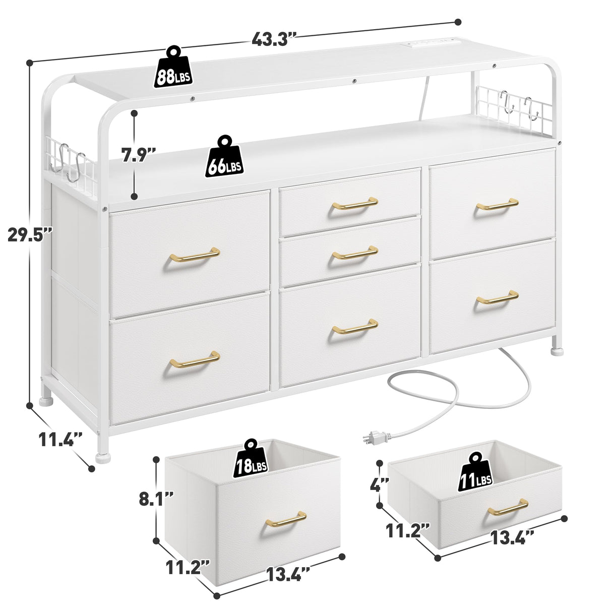 EnHomee White Dresser for Bedroom with LED Lights & Charging Station, 7 Drawer Dresser with Open Shelf, Fabric Bedroom Dressers & Chest of Drawers for Closet, Entryway, Hallway, 4 Hooks EnHomee