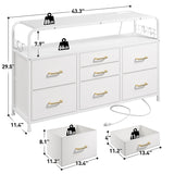 EnHomee White Dresser for Bedroom with LED Lights & Charging Station, 7 Drawer Dresser with Open Shelf, Fabric Bedroom Dressers & Chest of Drawers for Closet, Entryway, Hallway, 4 Hooks EnHomee