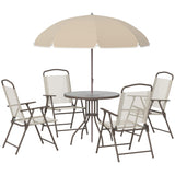 Outsunny 6 Piece Patio Dining Set for 4 with Umbrella, Outdoor Table and Chairs with 4 Folding Dining Chairs & Round Glass Table for Garden, Backyard and Poolside, Beige Outsunny