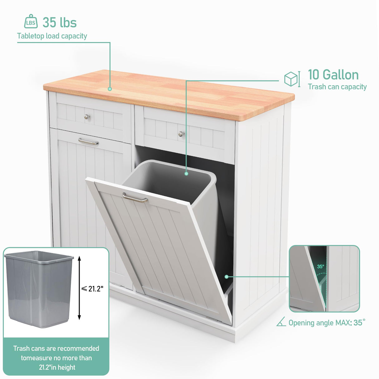 TOLEAD Double Tilt Out Trash Cabinet 20 Gallon,Antique-Style Beadboard Trash Can Cabinet Kitchen with Solid Wood Tabletop & Drawer, Pet Proof Trash Can, Wood Laundry Cabinet TOLEAD