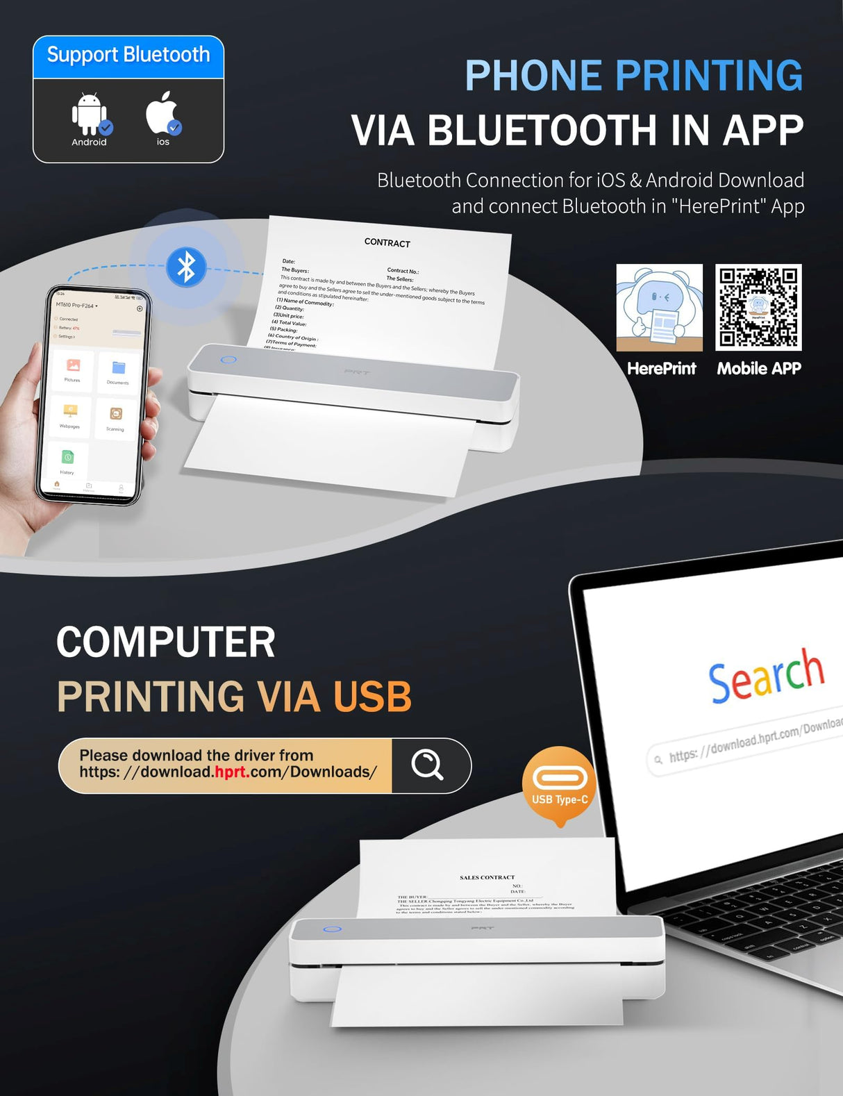 PRT Portable Printer Wireless for Travel, Bluetooth Thermal Printer Support 8.5" X 11" US Letter A4 A5, Compatible with iPhone, Android & Laptop, Inkless Printer for Office, Home, School, White PRT