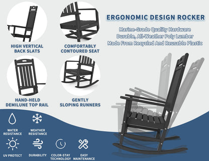 POLYDUN Outdoor Rocking Chair, Looks Like Wood, High Back Poly Lumber Patio Rocker Chair, 365Lbs Support, All-Weather Porch Rocking Chair for Lawn, Backyard, Indoor, Garden, Black - WoodArtSupply