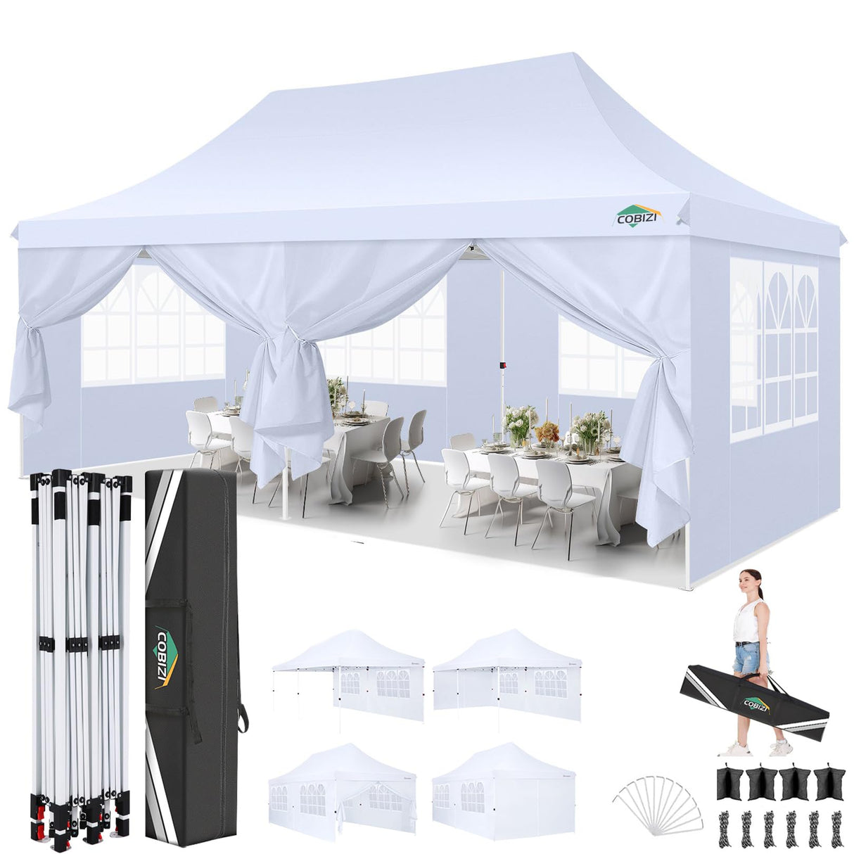 COBIZI 10x20 Pop Up Canopy with 6 Sidewalls, Conical Party Tent 10x20 with 3 Adjustable Height Waterproof, UV-Resistant with Carry Bag, Sandbag, Stake, Tents for Parties, Commercial (Frame Upgraded) COBIZI