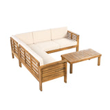 Christopher Knight Home Havets 81.25" Sectional L Shaped Sofa, 4 Pieces Acacia Wood Patio Furniture Set, Slat Coffee Table, Spacious Seat and Table Set for Backyard Garden Balcony, Teak+Beige Christopher Knight Home