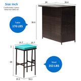 FDW 3PCS Patio Bar Set Outdoor Furniture Set Wicker Bistro Set with Two Stools for Patio Backyard Balcony,Blue Cushion FDW