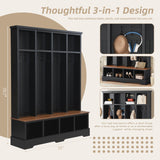 75''H Farmhouse Hall Tree With Bench And Shoe Storage, Entryway Bench With Open Compartments Coat Rack, 8 Shoe Cubbies & 8 Coat Hooks, For Mudroom, Hallway Storages Cabinet, Living Room (Black) PurityVow