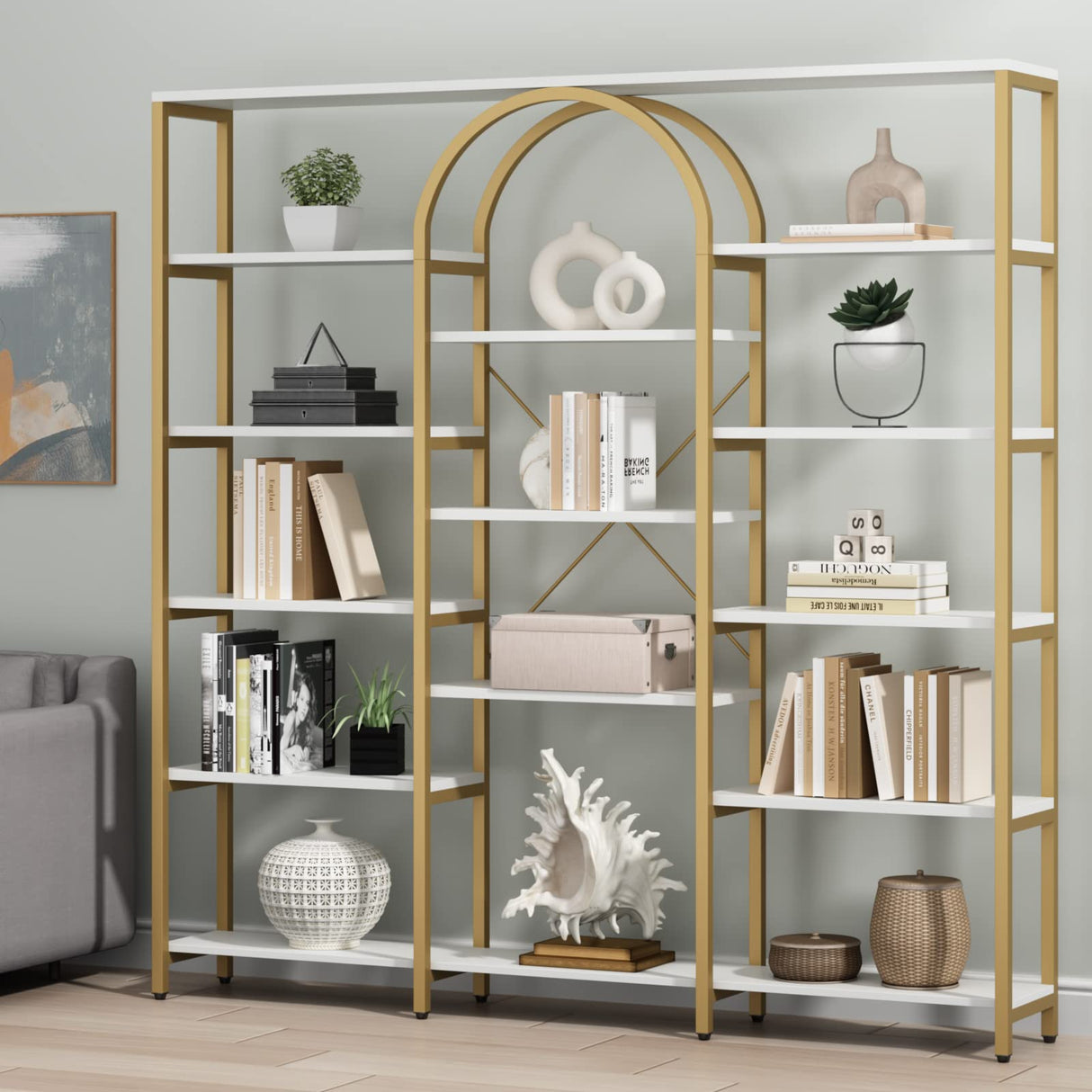 Gyfimoie Triple Wide Gold Bookshelf, 70.87" W x 71.34" H Large Modern Etagere Bookcase, Tall Display Shelf with 13-Tier Open Shelves, Freestanding Staggered Storage Shelf for Home Office (White/Gold) Gyfimoie