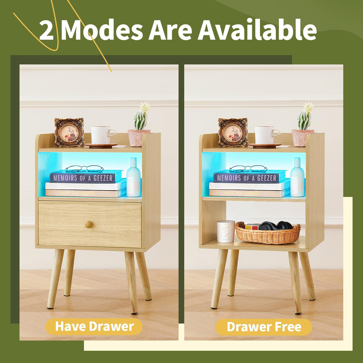 Yoobure Nightstand with Charging Station, Modern Night Stand with LED Lights, Wood Nightstands with Fabric Drawer & Storage Shelf, Night Stands Bedside Table with USB Ports for Bedroom, Office, Home Yoobure